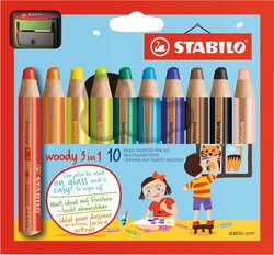 STABILO Crayon multifonctions woody 3 en 1, étui carton de 10 crayons ronds avec taille-crayon en plastique