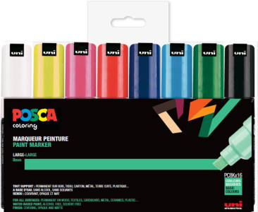 POSCA Marqueur à pigment PC-8K, étui de 4 assorti en noir, blanc, or et argent