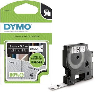 DYMO Cassette de ruban à étiqueter D1 noir/blanc,12mm x 3,5m