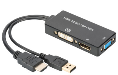 DIGITUS Convertisseur HDMI 3 en 1, HDMI - DP+DVI+VGA, 0,2 m