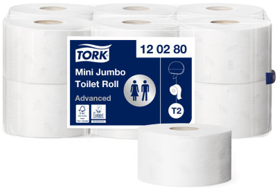 TORK Papier toilette en mini rouleau Jumbo, 2 plis, blanc