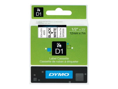Dymo : D1 - tape DYMo 12MMX7M BLACK avec HITE