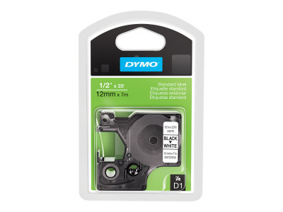 Dymo : D1 - tape DYMo 12MMX7M BLACK avec HITE