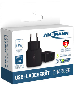 ANSMANN Chargeur USB Home Charger HC218PD, 2x port USB, noir