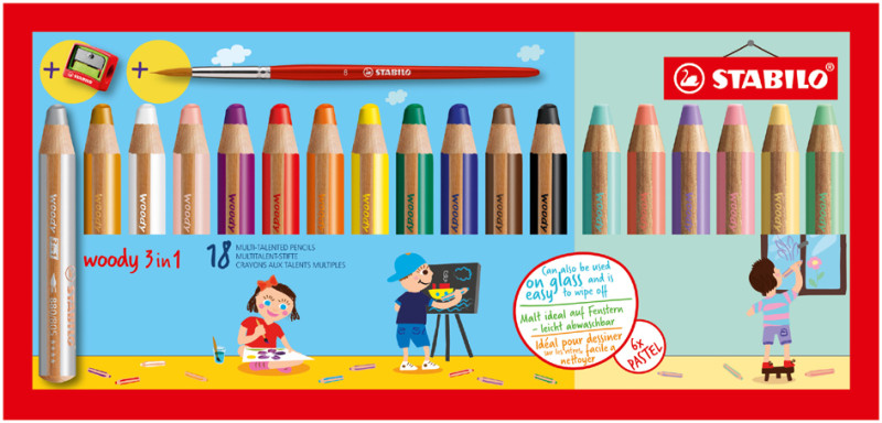 STABILO Crayon multi-talents woody 3 en 1, étui de 18 Pastel