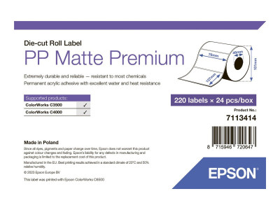 Epson : PP MATTE LABEL PREM DIE-CUT ROLL 76X127MM 220 LABELS