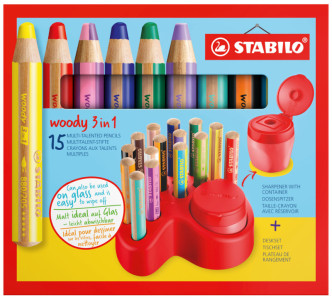 STABILO Crayon multi-talents woody 3 en 1, set de table, 15p