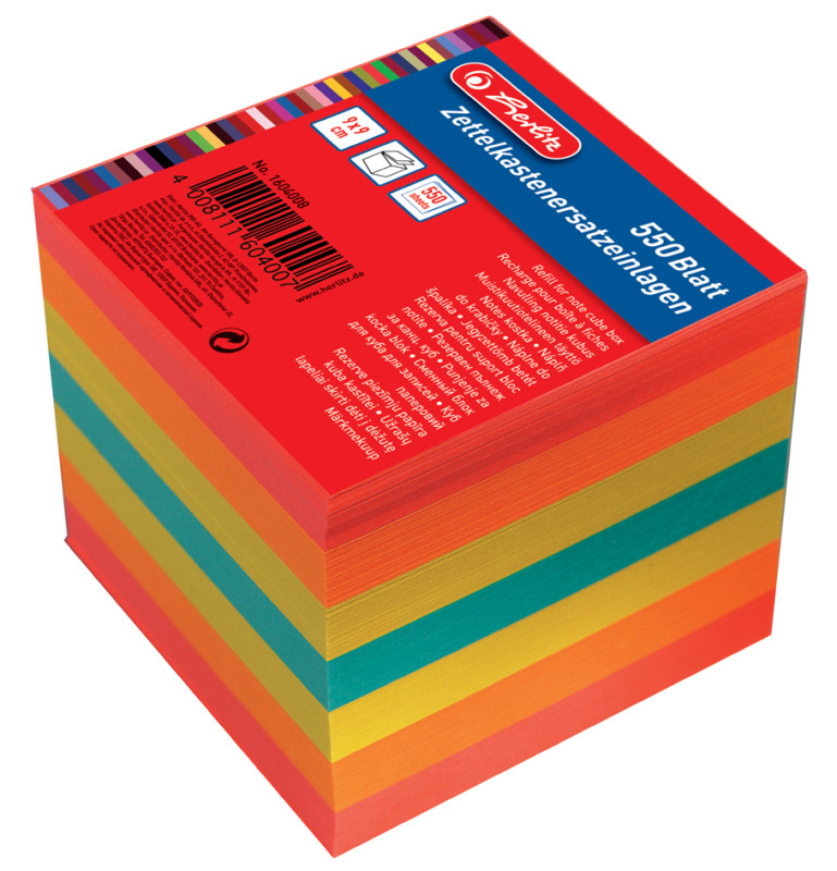 herlitz Bloc de fiches pour boîte, 90 x 90 mm, coloré
