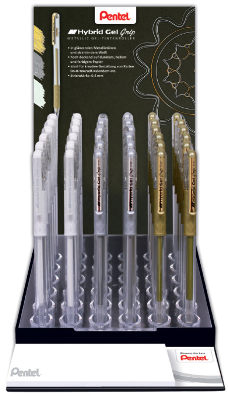 Pentel Roller gel K118, blanc, or & argent, présentoir de 36