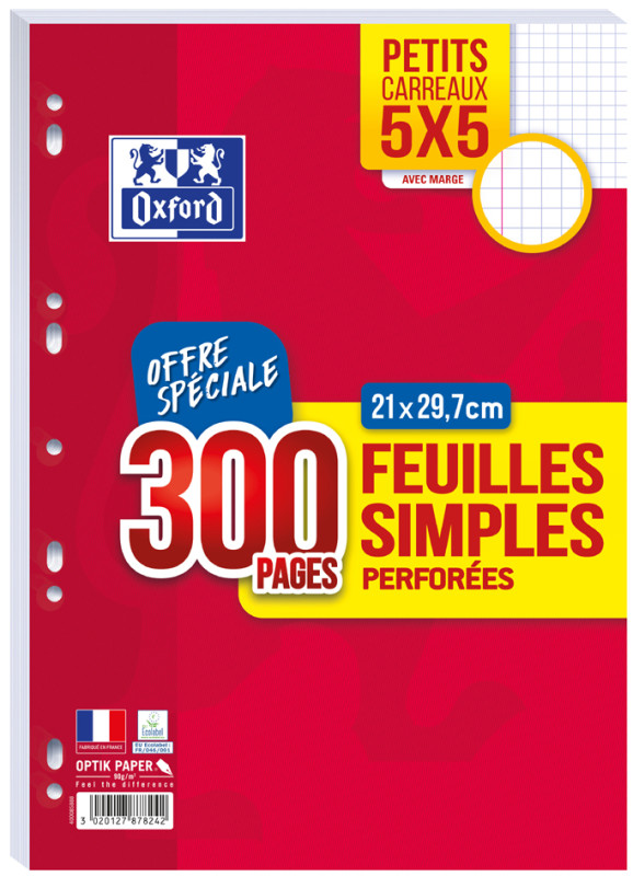 Oxford Feuilles simples perforées, A4, seyès, Offre Spéciale