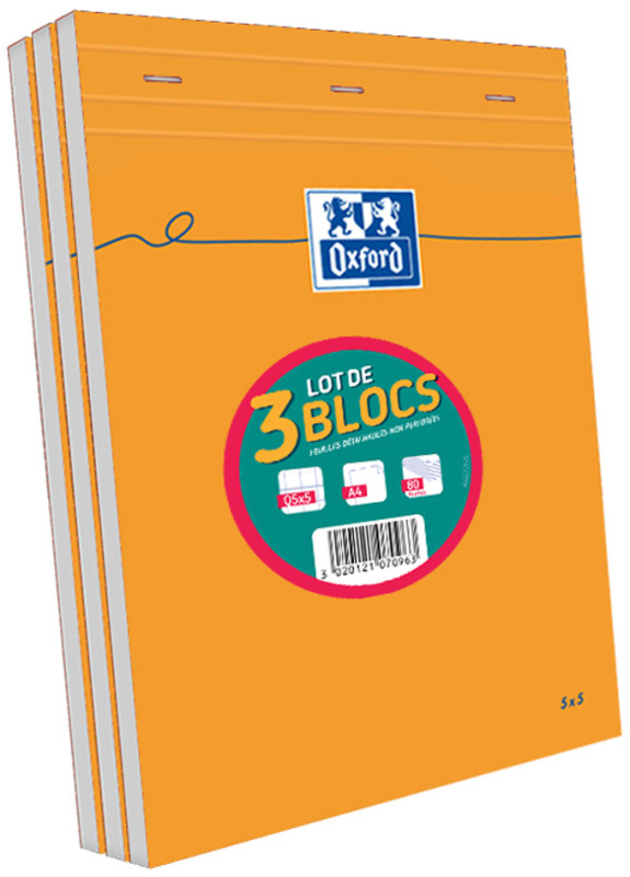 Oxford Bloc-notes, A4, quadrillé, 80 feuilles, 2 + 1 GRATUIT