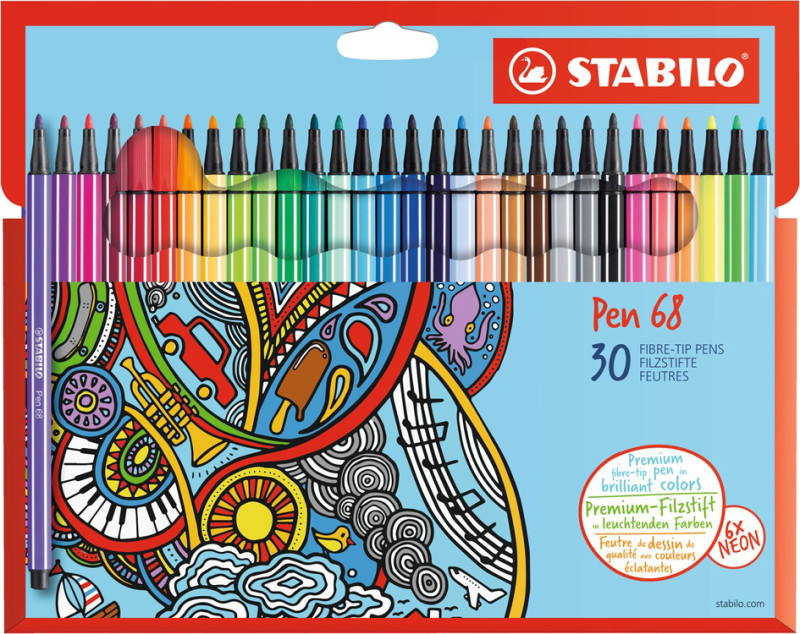 STABILO Pen 68 feutre, étui en carton de 18 pièces en couleurs