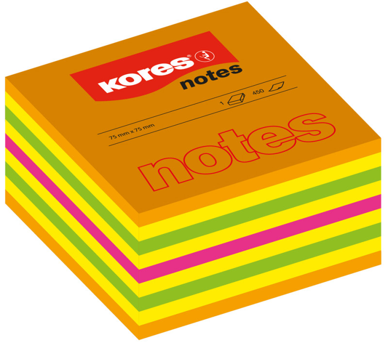 Kores cube de notes adhésives, 50 x 50 mm, couleurs néon,