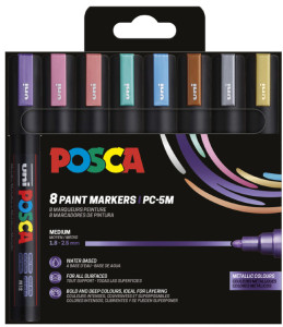 POSCA Marqueur à pigment PC-5M, étui de 4 noir, blanc, or, argent