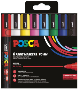 POSCA Marqueur à pigment PC-5M, étui de 4 noir, blanc, or, argent