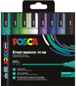 POSCA Marqueur à pigment PC-5M, étui de 4 noir, blanc, or, argent