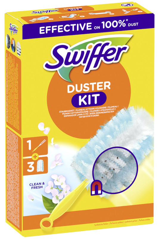 Kit Swiffer Duster - 1 Manche + 4 Recharges, Capture Poussière Et Poils, Pour Surfaces Et Coins Inaccessibles