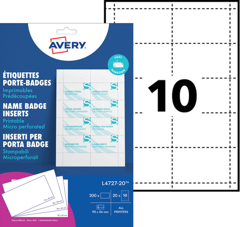 AVERY Inserts imprimables pour badges, 55 x 86 mm, blanc