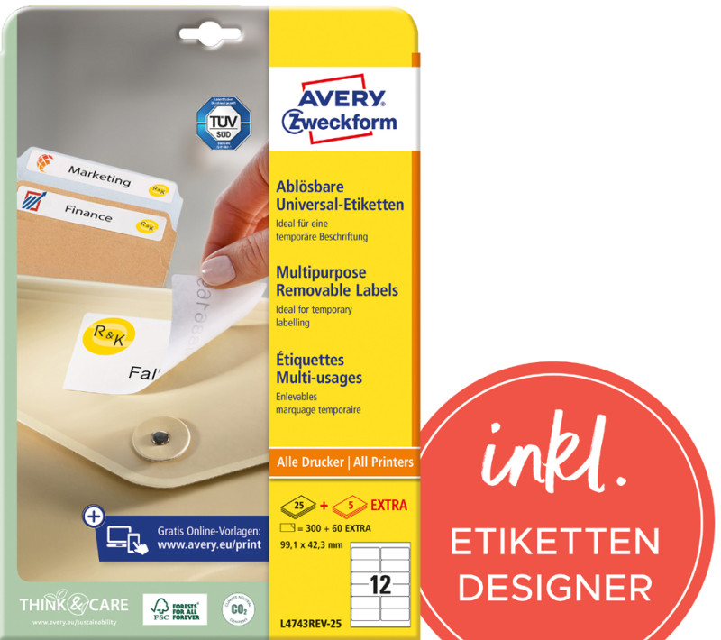 AVERY Zweckform bâton mécaniques étiquettes, 96 x 63,5 mm, blanches