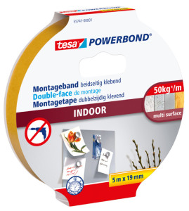 Tesa Double-face de montage INDOOR, 19 mm x 1,5 mm, pour