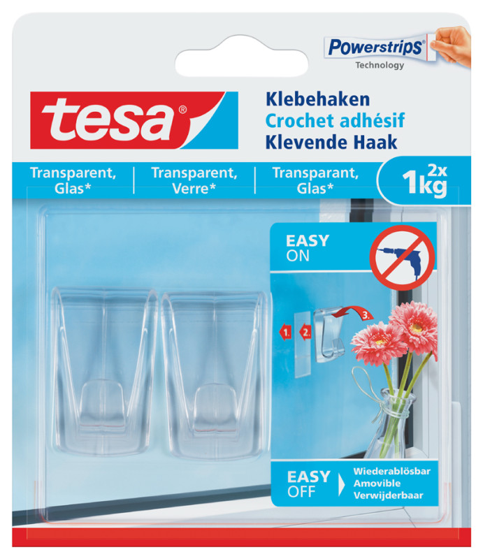 tesa Powerstrips Crochet adhésif pour verre, transparent