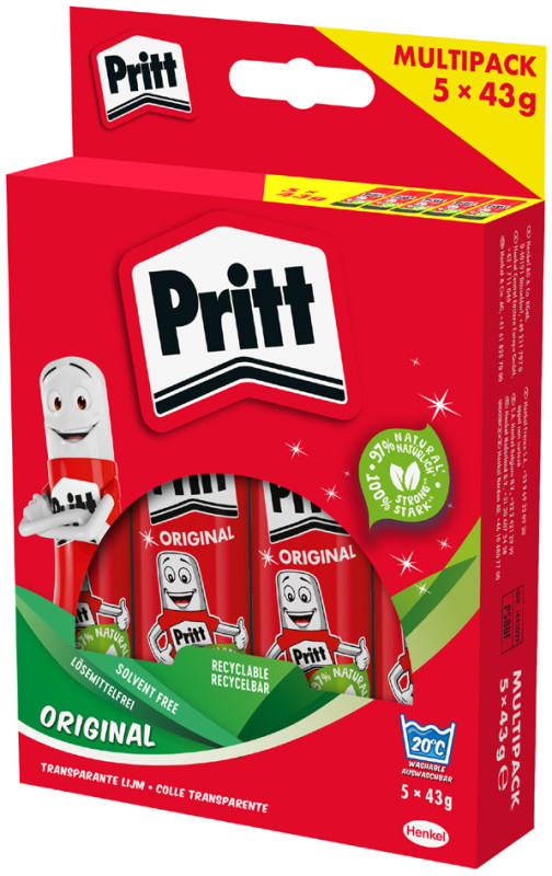 Pritt Bâton de colle 5 x 43g en paquet bonus, sans solvants,