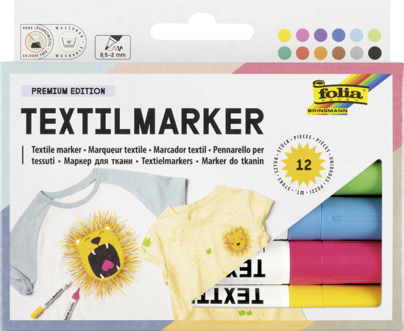 folia marqueur pour textiles, set de 12, couleurs assorties