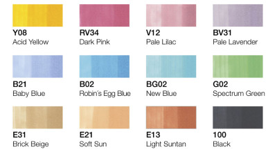 COPIC Marqueur professionnel, set de 12 couleurs pastel