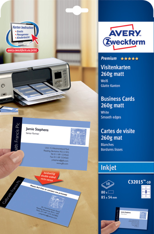 AVERY Zweckform Cartes de visite Quick & Clean, mat, 260g/m2