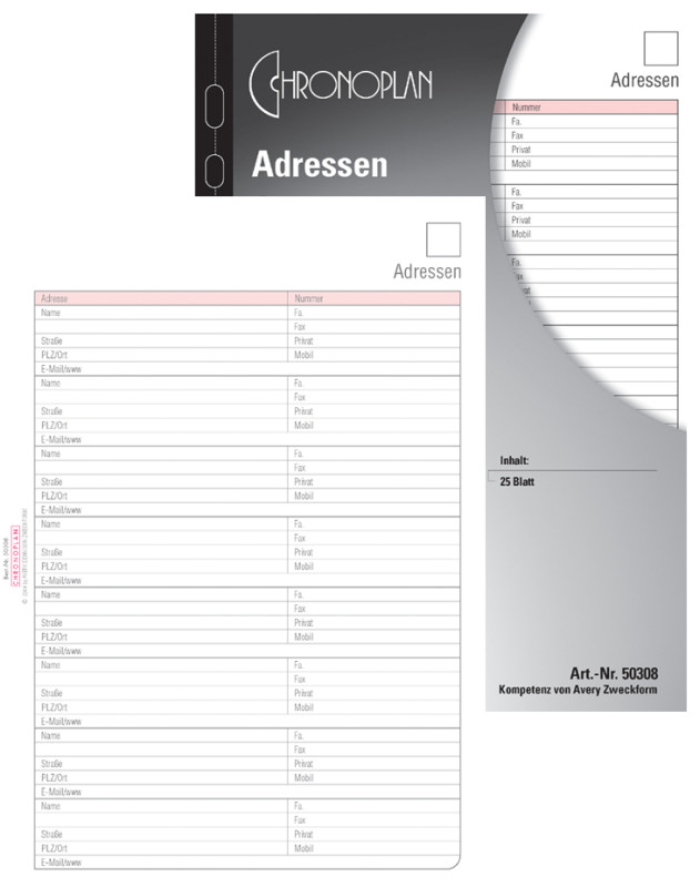 adresses Chronoplan, A5, 80 g / m², 25 feuilles