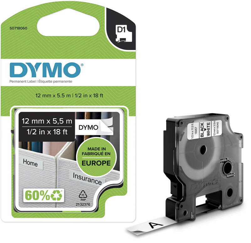 DYMO Cassette de ruban à étiqueter D1 noir/blanc,12mm x 5,5m