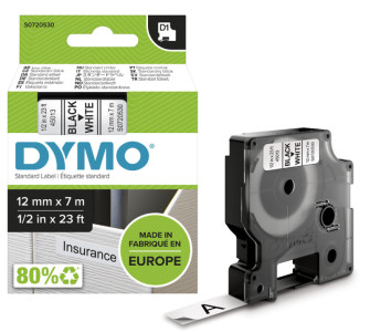 DYMO D1 Cassette de ruban à étiqueter noir/blanc,12 mm x 7 m