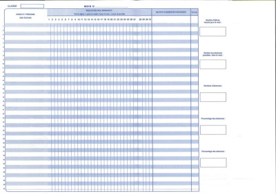 ELVE Registre d'appel journalier, piqûre 28 pages, 40 élèves