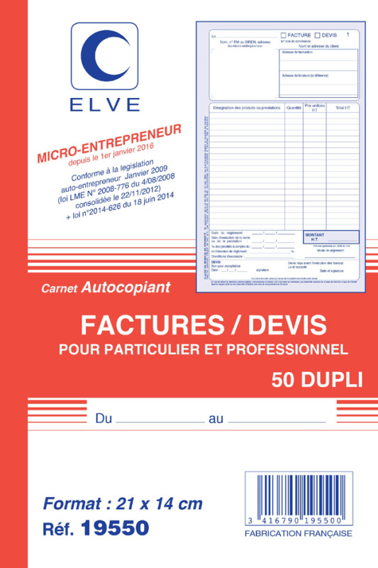 Manifold AUTO-ENTREPRENEUR Factures / Devis A4 40 feuilles Dupli