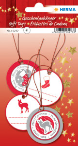 HERMA Etiquettes pour cadeau de Noel 3D, rond, rouge/argent