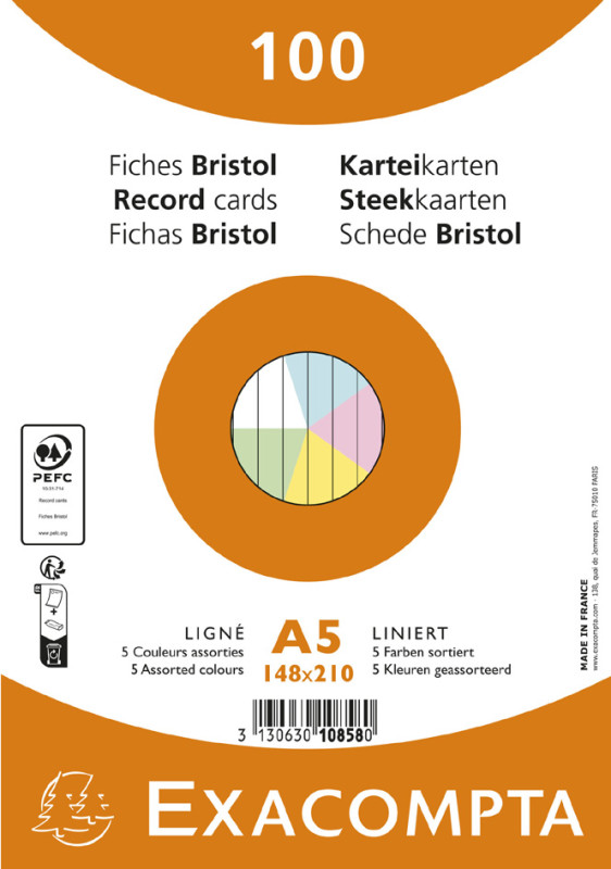 EXACOMPTA Fiches bristol, A5, quadrillé, couleurs assorties