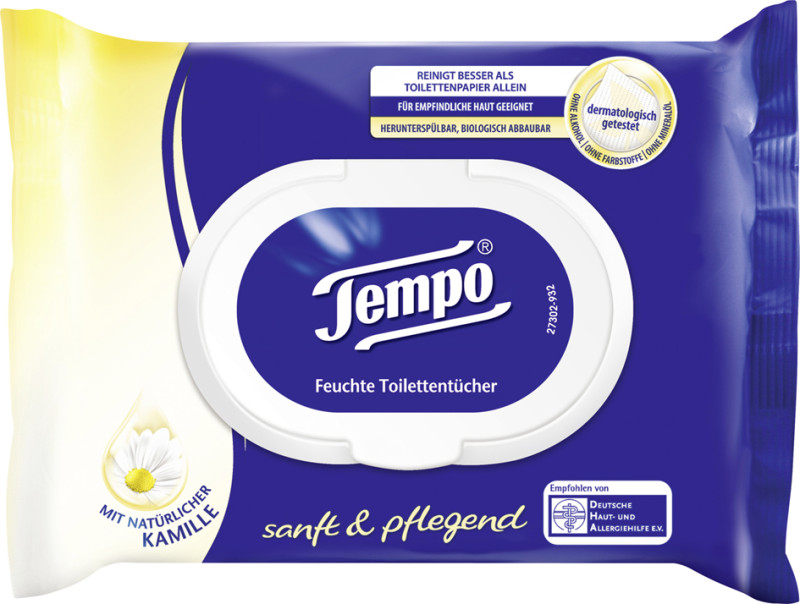 Tempo lingettes humides de toilette doux & soigneux, avec