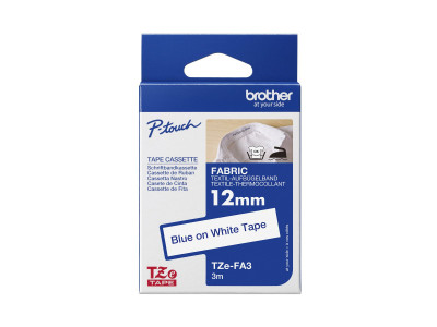 Brother TZE-FA3 ruban tissu P-Touch Bleu sur Blanc 12mm 7,99M