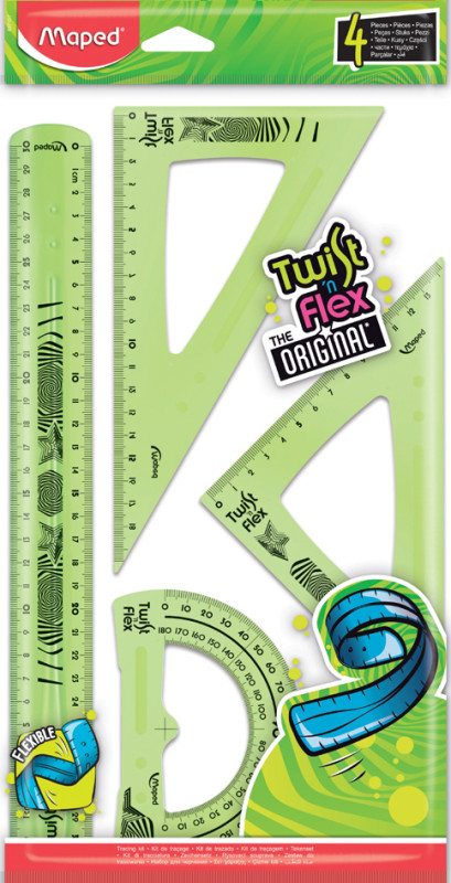 Kit 3 pièces TWIST 'N FLEX Règle Equerre Rapporteur Coloris