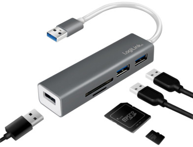 LogiLink USB 3.0 Hub lecteur + carte, 3 ports, gris
