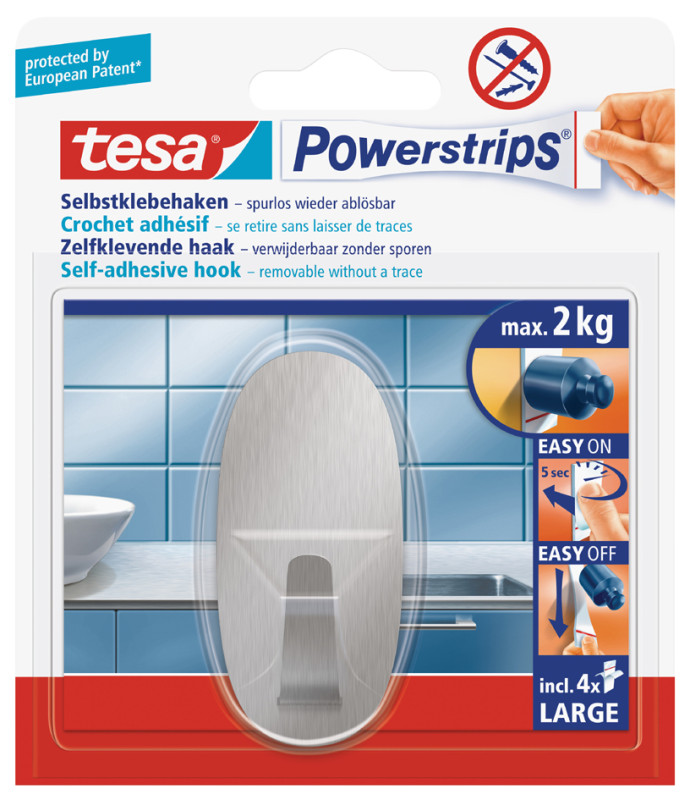 tesa Powerstrips Crochet adhésif LARGE, métal, oval