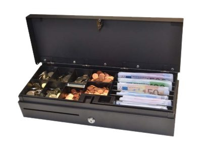 APG Cash Drawer : 460 MM FLIP LID DRAWER BLACK PLASTIC INSERT W MLOCK LID CABL