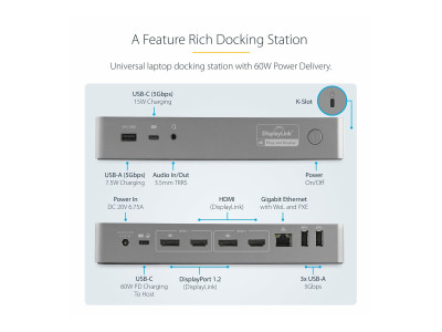 Startech : 2X 4K UNIVERSAL LAPTOP DOCKING STATION - USB-C/USB 3.0 - 60W PD