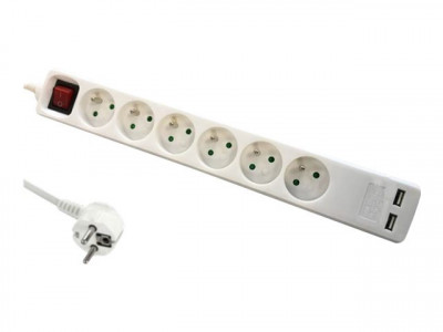 DLH : 6 WAY MULTIPLUG avec SWITCH NF et 2XUSB 2.4A WHITE cable 1.4M