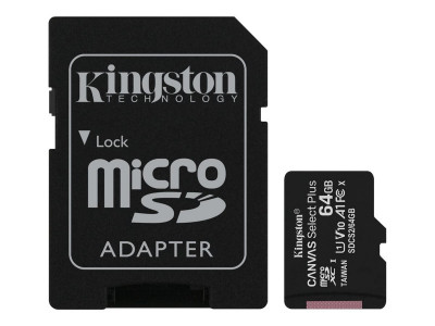 Kingston : 64GB MICROSDXC CANVAS SELECT 3P 3PC 100R A1 C10 CARD+SD ADAPTER