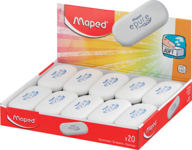 Gomme plastique Maped Epure, ovale, blanche, présentoir de 20