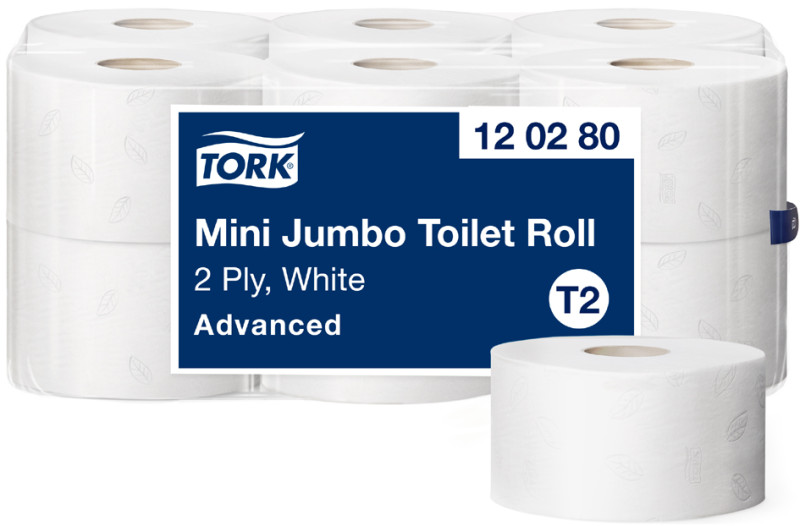 TORK Papier toilette en mini rouleau Jumbo, 2 plis, blanc