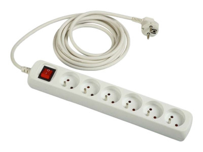 DLH : 6 WAY MULTIPLUG avec SWITCH NF WHITE cable 1.5M 3500W 16A.