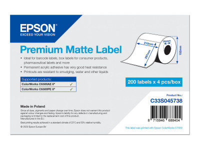 Epson : PREMIUM MATTE LABEL DIE CUTROLL 210MMX297MM 200 LABELS