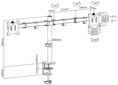 DIGITUS Support double écran universel, fixation par serrage